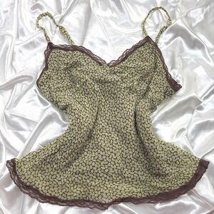 y2k Cami Top Green Excellent Express Design Studio Silk Lace Trim Tank M